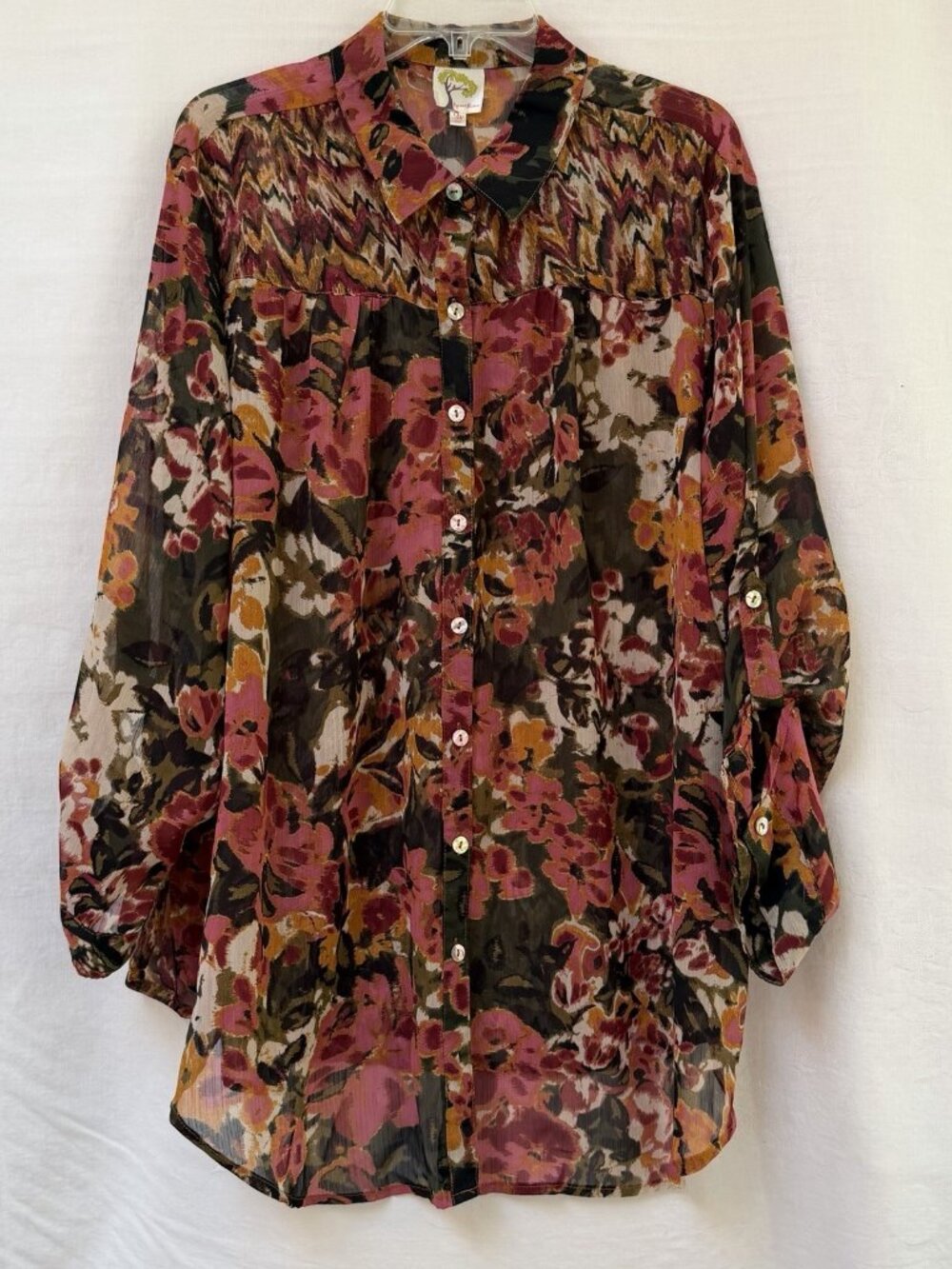 Fig Flower Blouse Women's Plus 3X Floral Button Up Semi Sheer Tunic Top Cottage‎